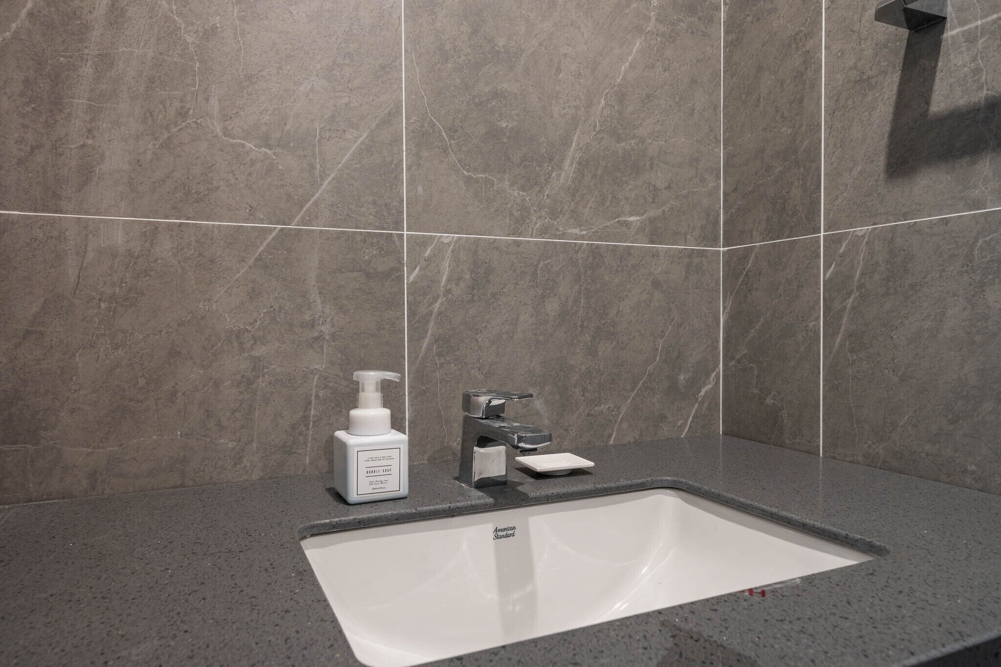 Une salle de bain avec un lavabo blanc, un distributeur de savon et un robinet.