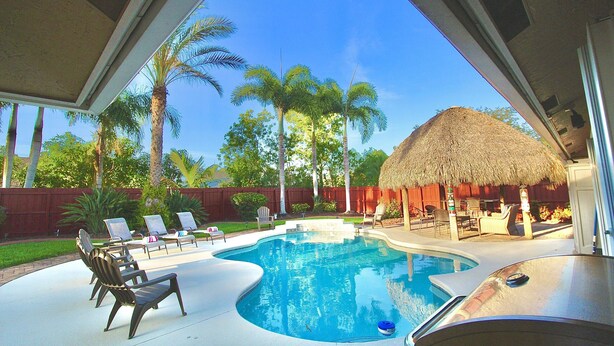 A swimming pool with lounge chairs and a thatched-roof structure.