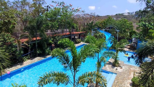 Une grande piscine extérieure entourée d’une végétation luxuriante, sous un ciel bleu et dégagé.