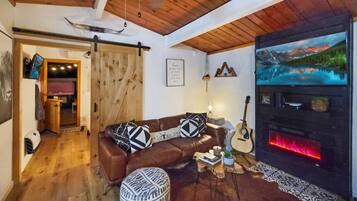 Smart TV, chimenea, libros y estéreo