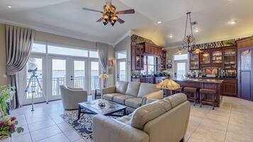 TV connectée, cheminée, lecteur de DVD, livres