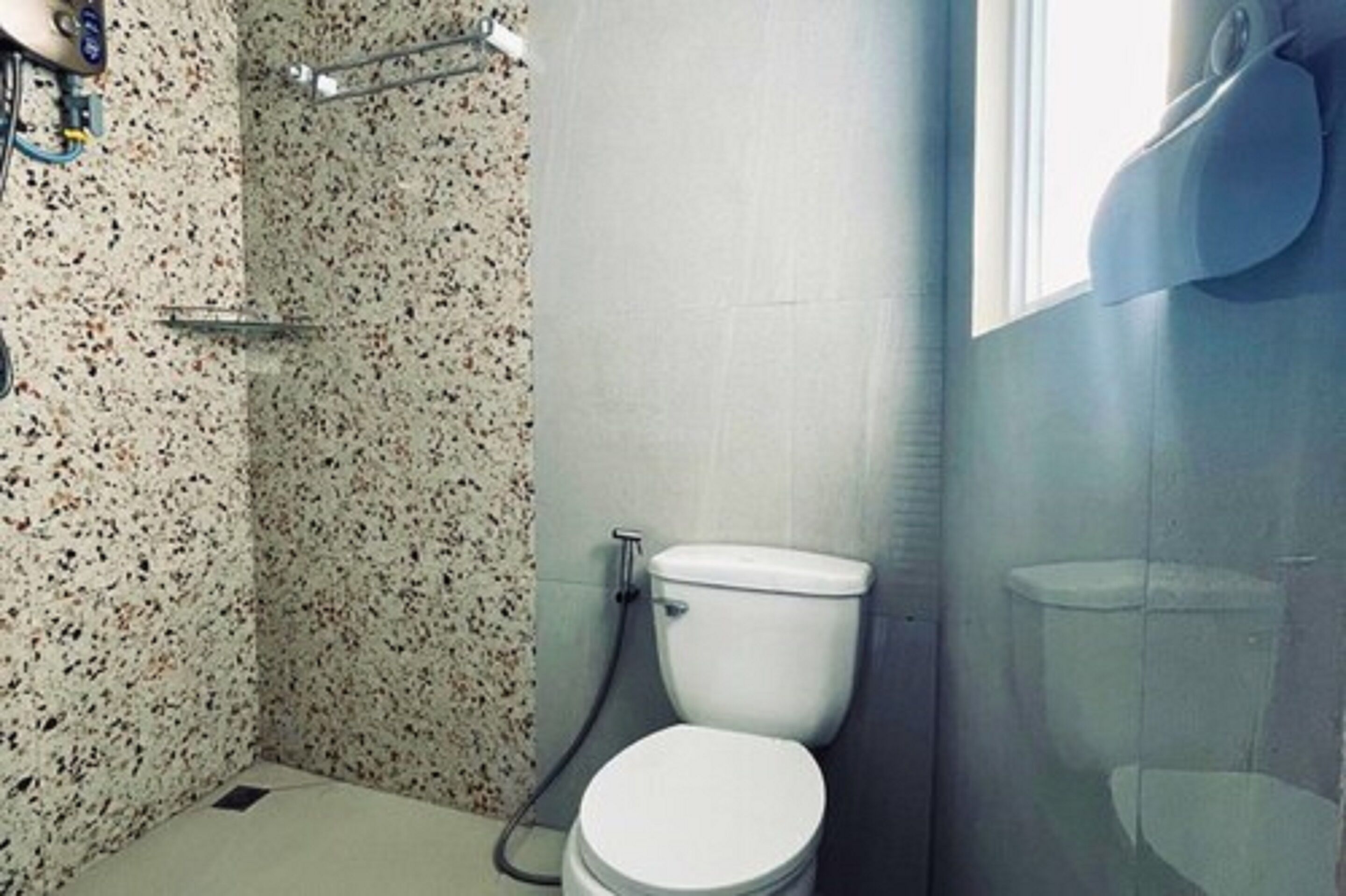 A bathroom with a toilet, shower, and a tiled wall.