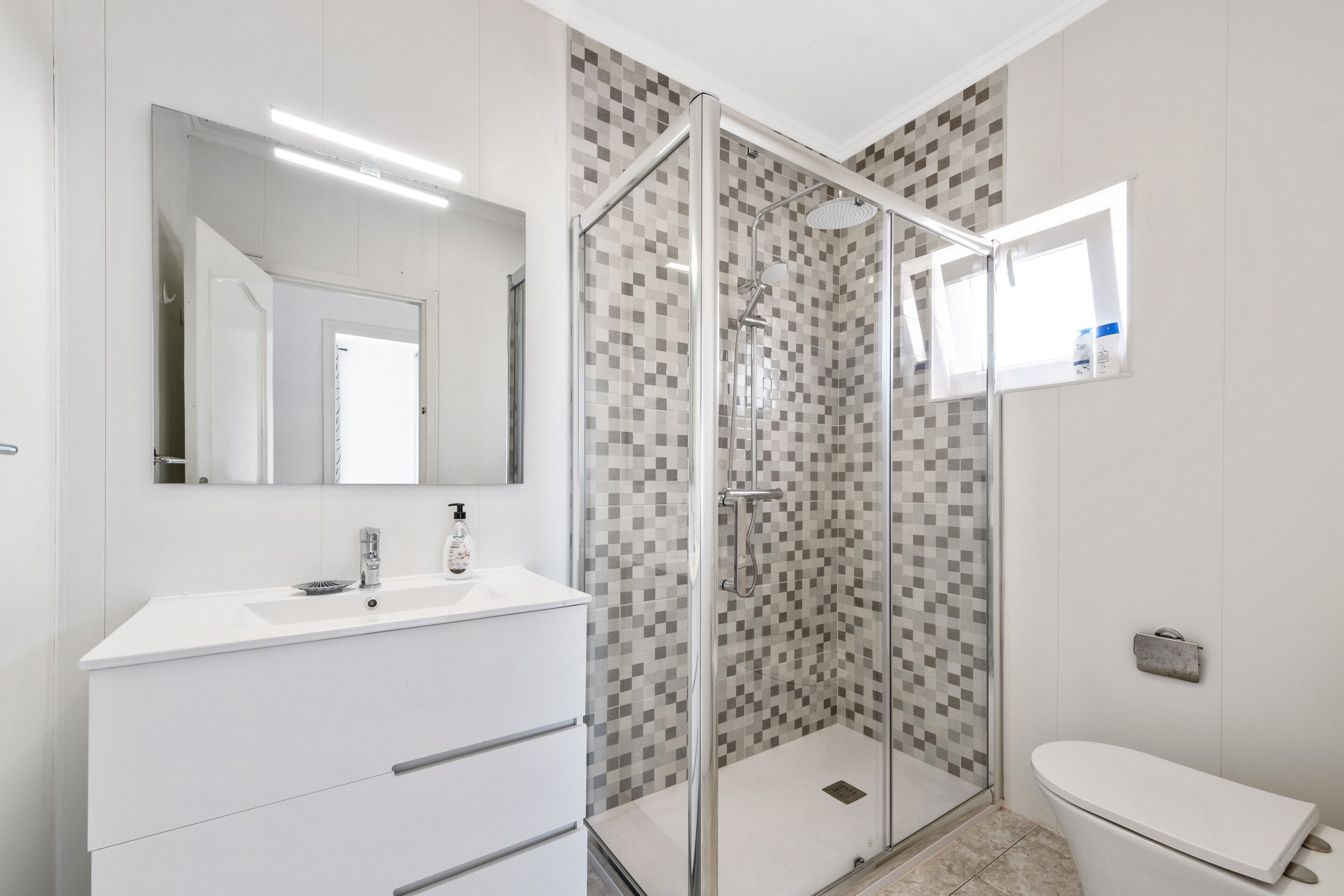 Shower, hair dryer, towels