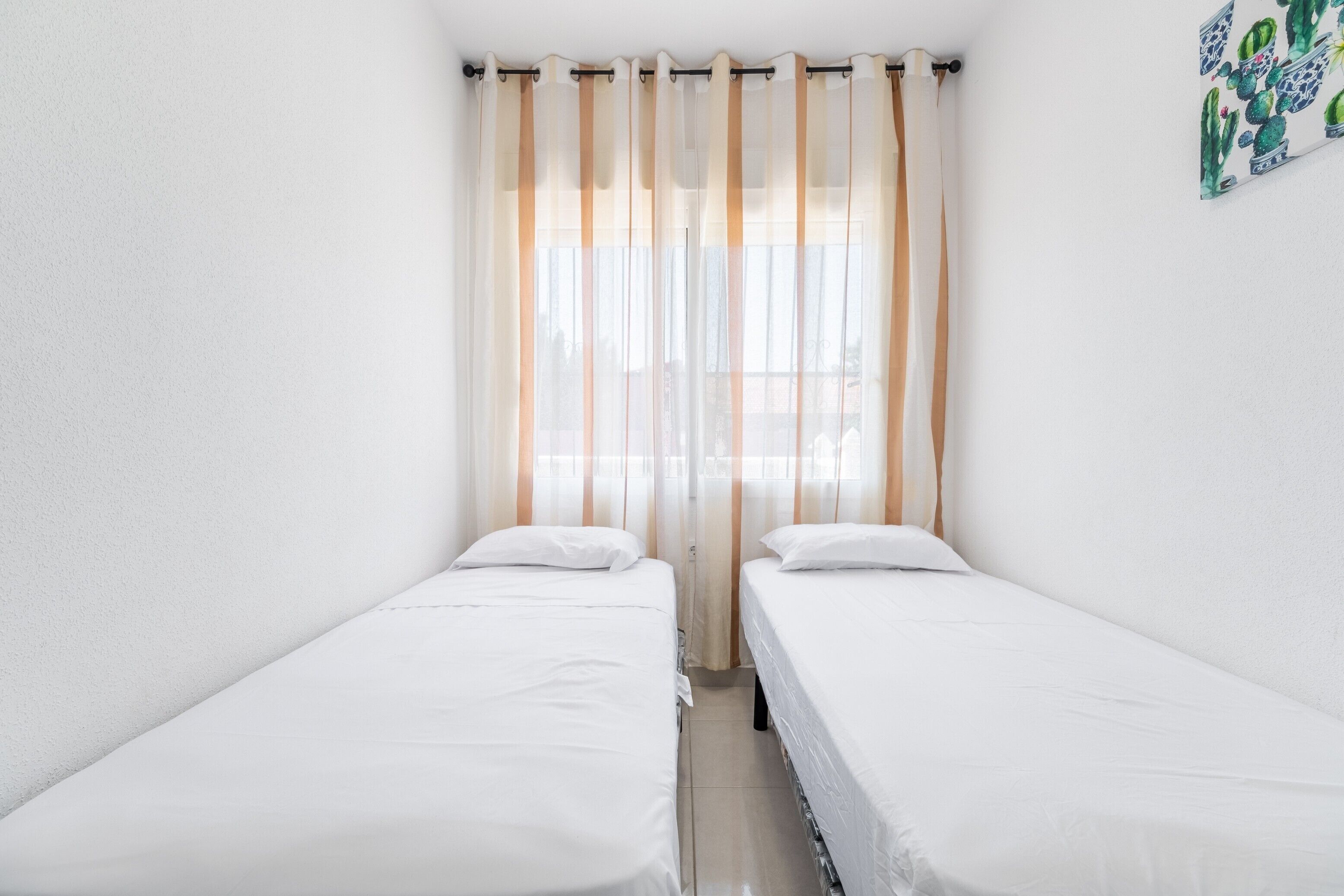 Una habitación pequeña y limpia con dos camas individuales, una ventana con cortinas translúcidas y decoración de pared con temática de cactus.