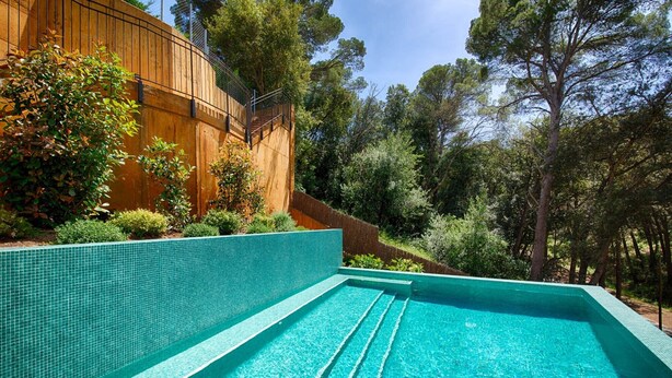 Una piscina con borde de azulejos, rodeada de follaje y árboles.