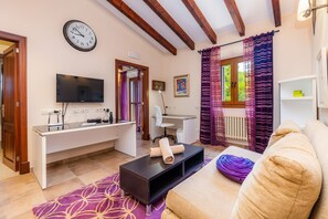 Televisio, takka, DVD-soitin, pöytätennispöytä