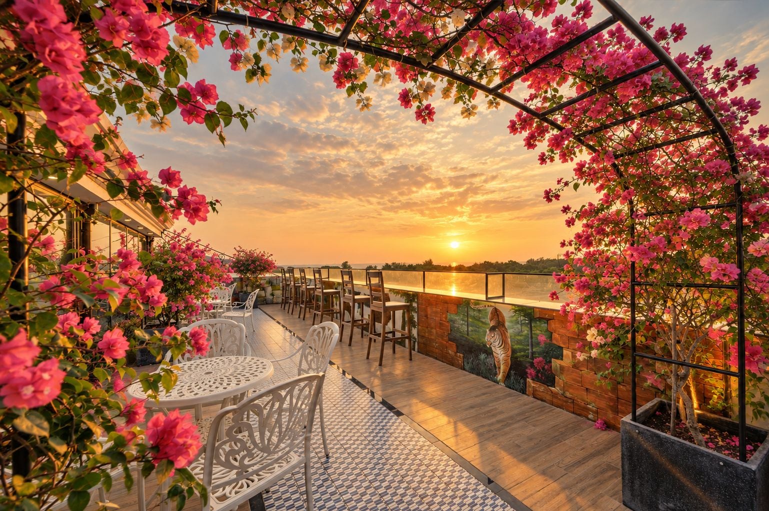 Un espace extérieur aménagé avec des tables et des chaises, donnant sur un plan d’eau, et abrité par une pergola en métal ornée de plantes à fleurs.