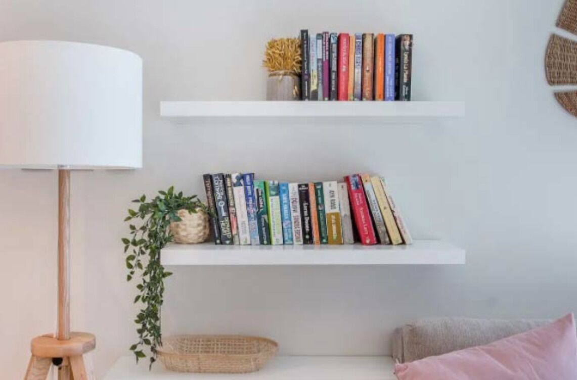 Une pièce avec deux étagères blanches remplies de livres, une lampe et une petite plante.