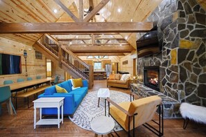 Télévision, cheminée, livres, espaces bureaux