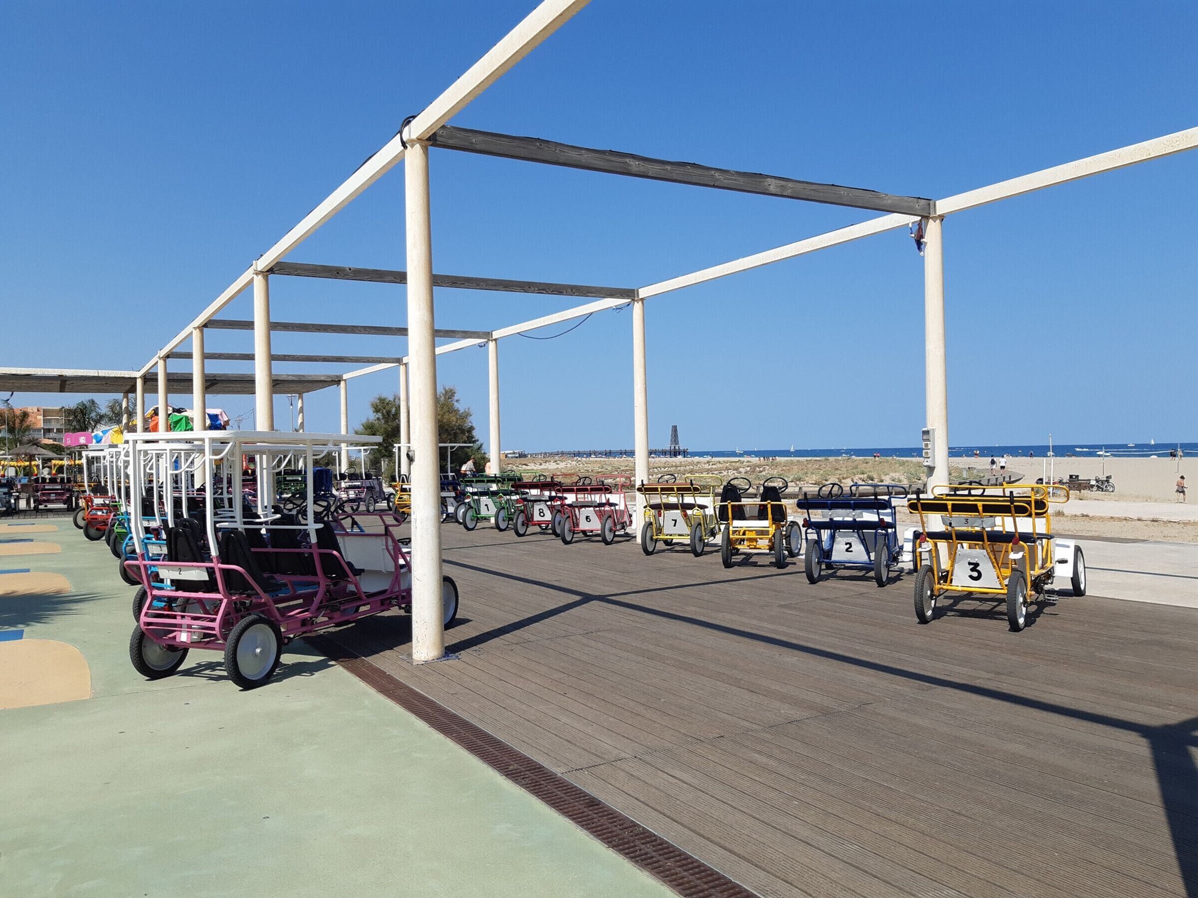 A beachside boardwalk with a row of golf carts numbered 1 to 8, a white structure with a roof, and a clear blue sky.