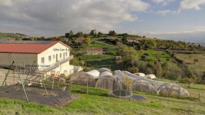 A rural landscape with a house, a swing set, and greenhouses. - Rural lodge with garden and children's play area (Saint-Romain-en-Jarez)