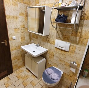 Hair dryer, towels, soap, shampoo
