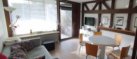 Televisión, mesa de ping pong, libros, estéreo