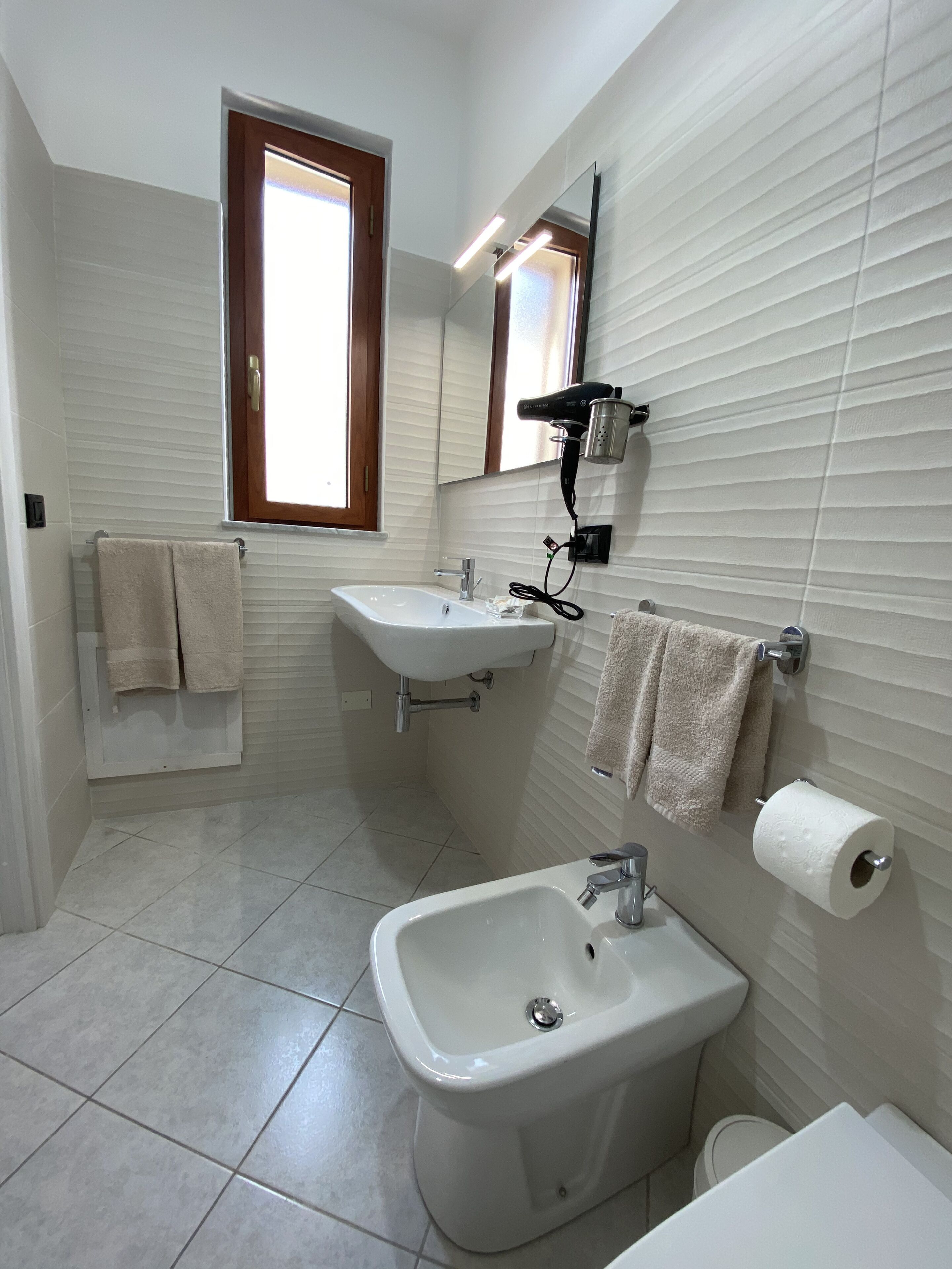 Hair dryer, towels, soap, shampoo