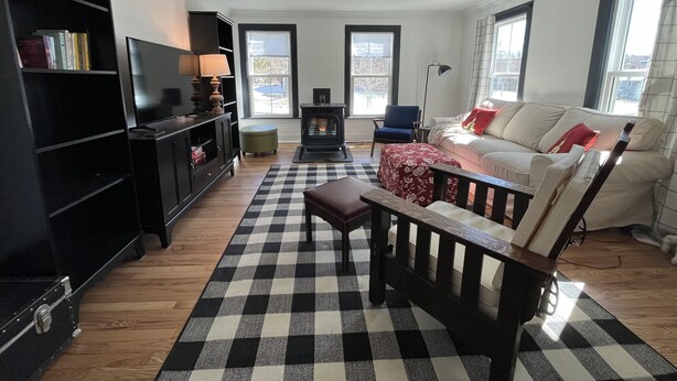 A living room with a fireplace, a sofa, a television, and a bookshelf. - Litchfield Modern Farmhouse (Litchfield)