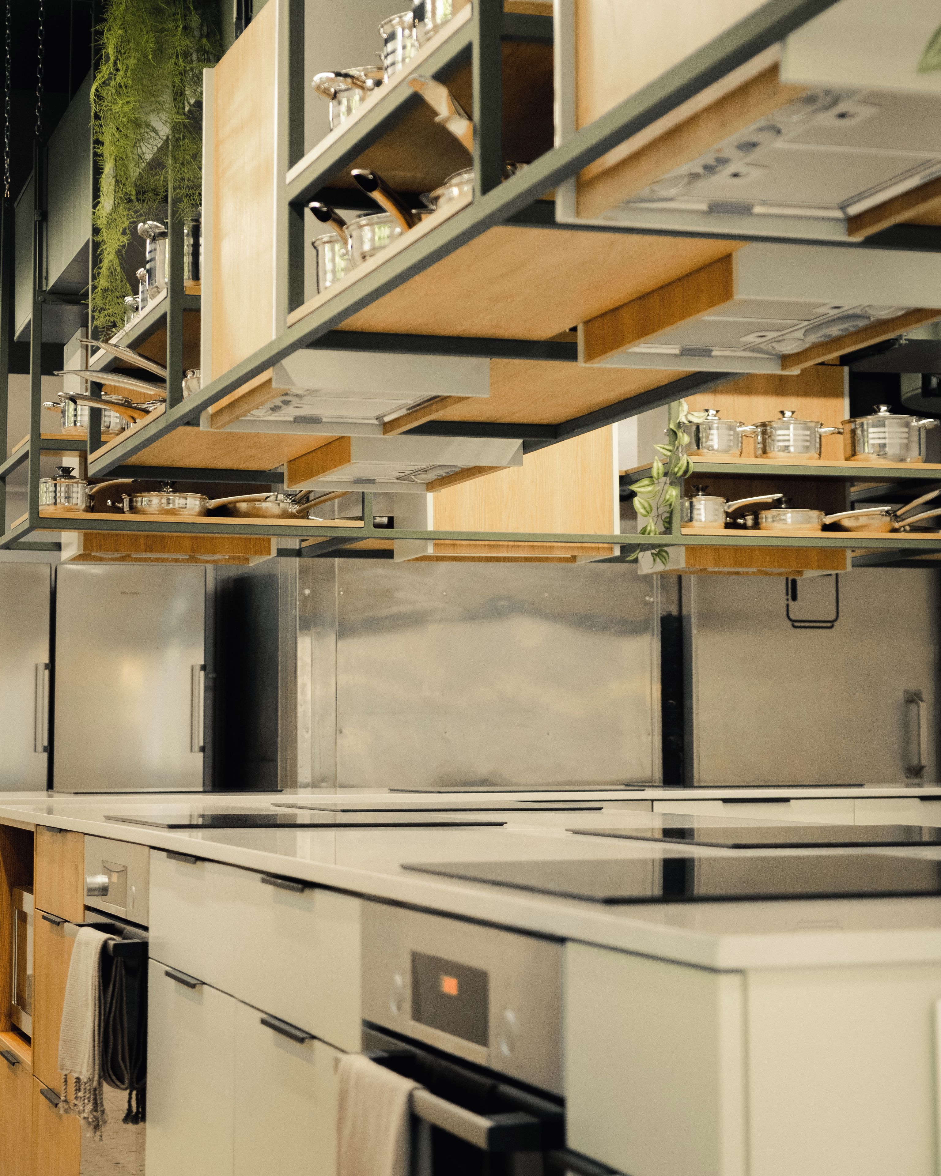 Une cuisine moderne dotée d’appareils électroménagers en acier inoxydable, de meubles de rangement en bois et d’une plante suspendue.