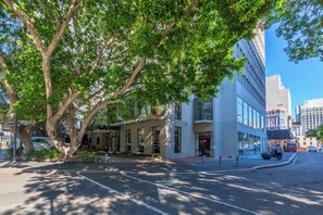 A tree-lined street with a modern building featuring large windows and a KFC outlet. - Neighbourgood East City (Cape Town)