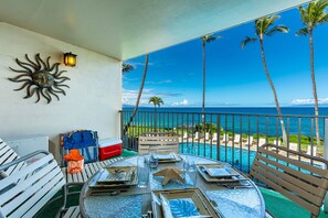 Outdoor dining - Ocean and Sunset Views! Best Location! Royal Mauian 216 by Coldwell Banker (Kihei)