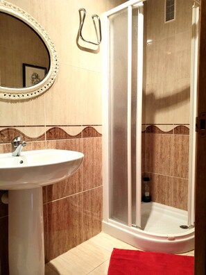 Shower, bidet, towels, toilet paper