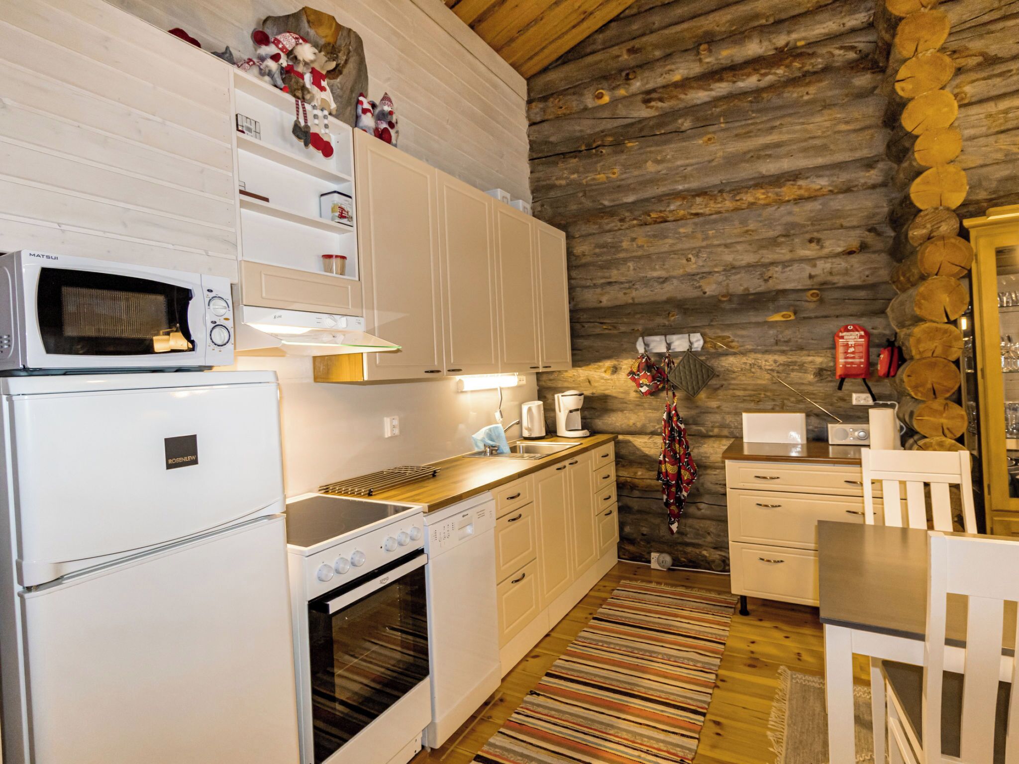 Fridge, microwave, dishwasher, cookware/dishes/utensils