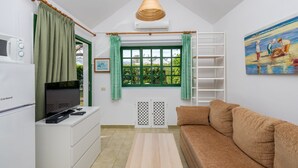 A compact living space with a kitchenette, a brown sofa, a TV, and a painting on the wall.