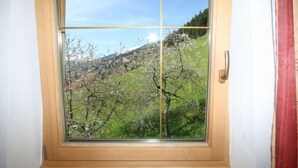 Una ventana de madera con vistas a una ladera verde y un cielo despejado.