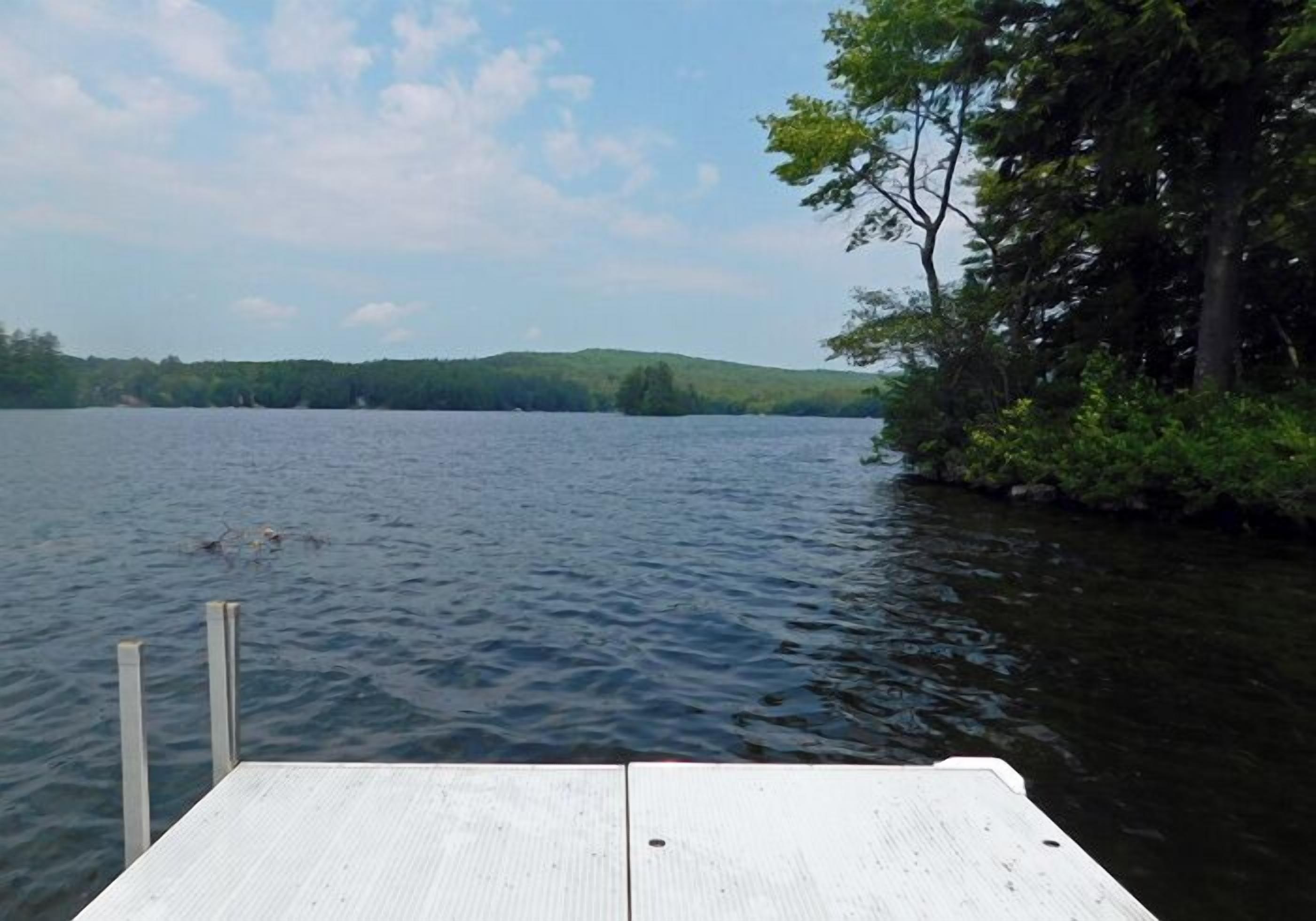A wooden dock extending into a calm lake with a forested shoreline.