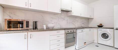 Fridge, microwave, oven, dishwasher