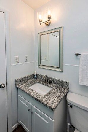 Une salle de bain avec un lavabo doté d’un plan de travail en granit, un miroir fixé au mur et des toilettes.