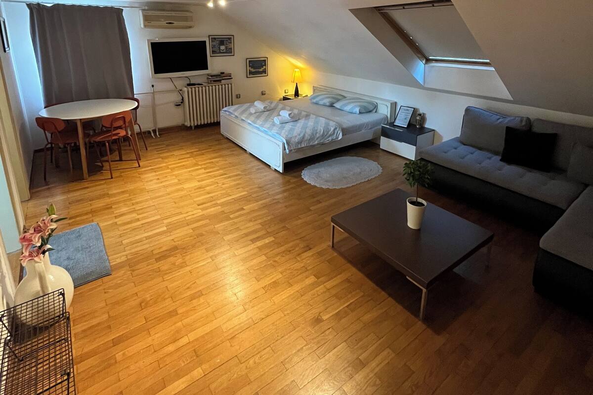 Un espace de vie compact comprenant un lit, un canapé et un coin repas.