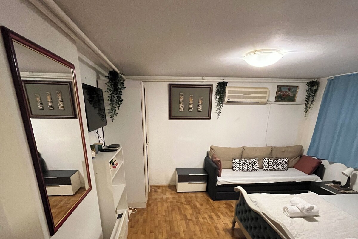 A compact bedroom with a wooden floor, a bed with a white duvet, a sofa, a small table, a mirror, and a radiator.