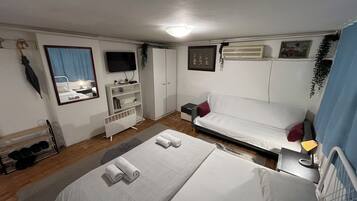 A bedroom with a bed, a sofa, a TV, a wardrobe, and a bedside table.