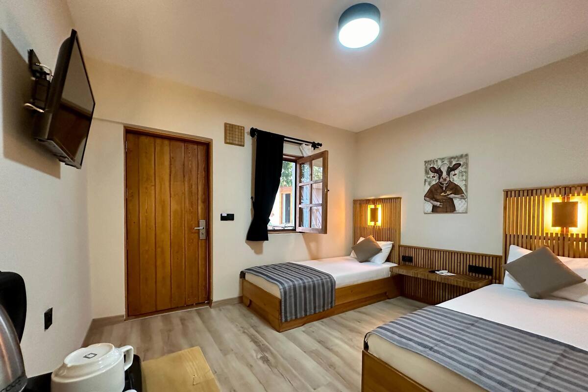 Habitación de hotel con dos camas, televisión, ventana con cortinas, un cuadro y suelo de madera.