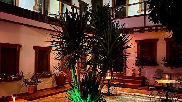 An outdoor patio area with a stone floor, a central plant illuminated by green lights, and a dining table with chairs.