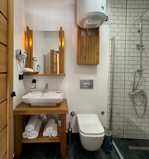 Shower, rainfall showerhead, hair dryer, slippers