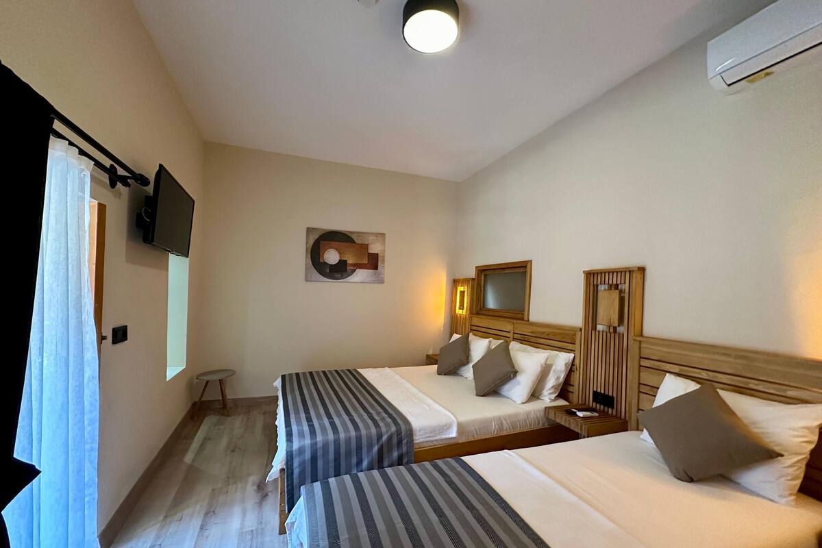 Habitación de hotel con dos camas, un televisor montado en la pared, una lámpara de techo y un cuadro.