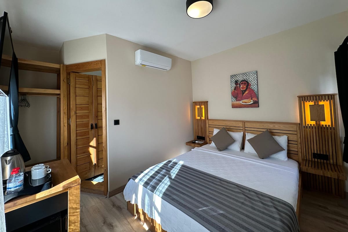Habitación de hotel con cama, armario, escritorio con hervidor y botella de agua, aire acondicionado y un cuadro en la pared.