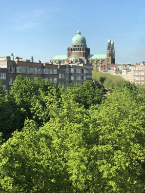 Une vue urbaine mettant en évidence un bâtiment remarquable, doté d’un toit végétalisé, d’un dôme et d’une haute tour.