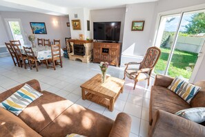 Télévision, cheminée, jeux vidéo, lecteur de DVD