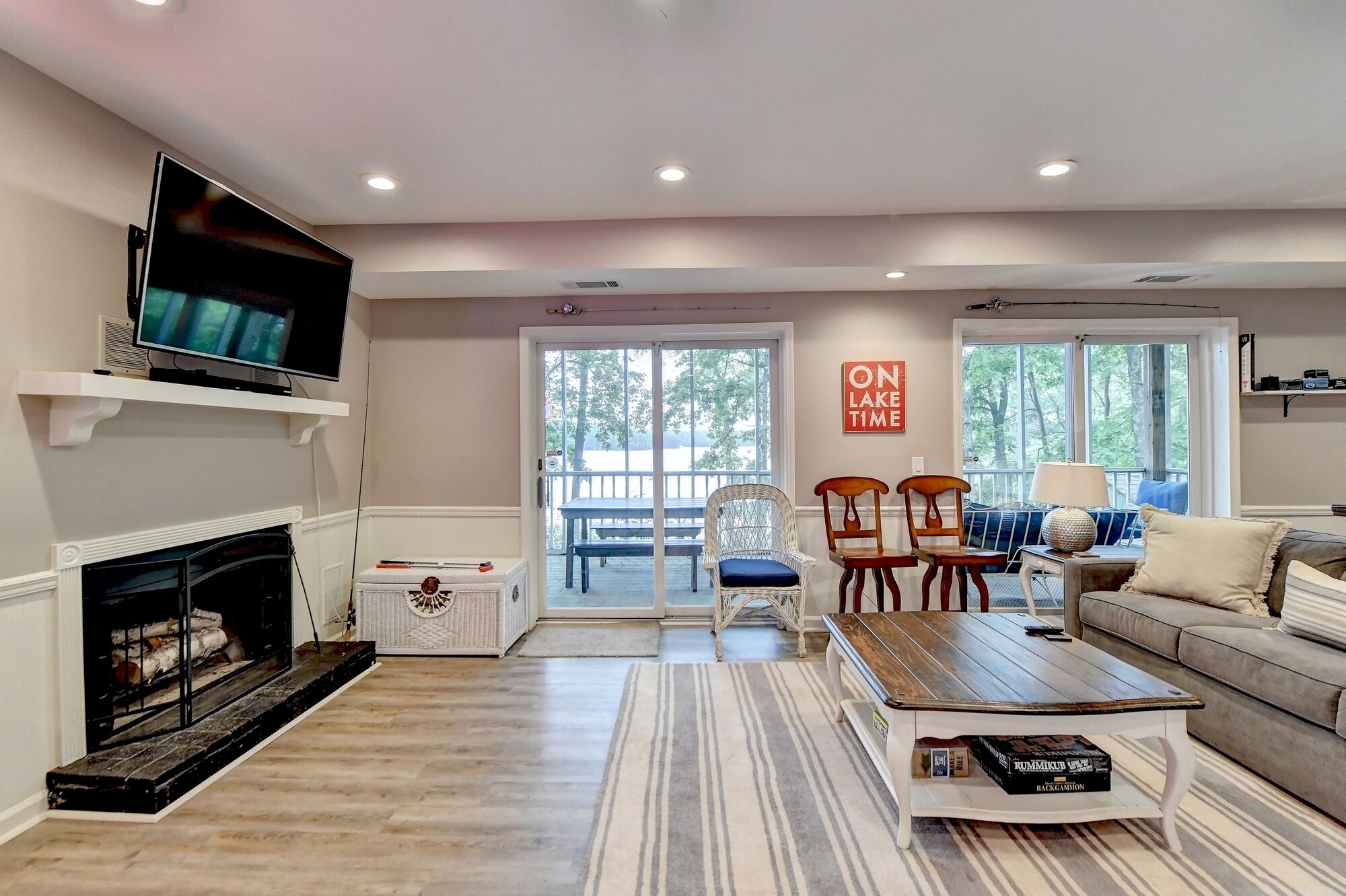A living room with a fireplace, television, and a view of the outdoors.