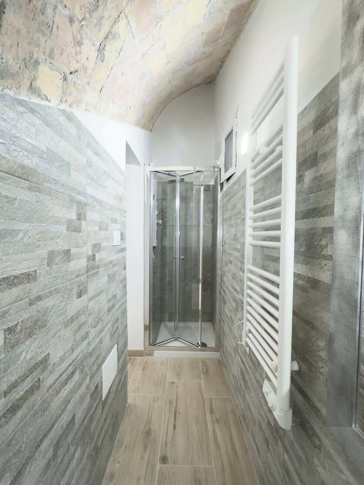 Shower, hair dryer, towels, shampoo