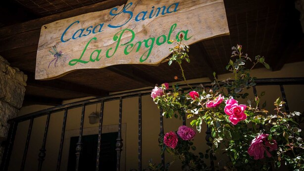 A wooden sign with 'Casa Saina La Pengola' written on it, hanging above a wrought iron railing with pink roses in front. - CASA SAINA - Studio Limone (Rovinj)