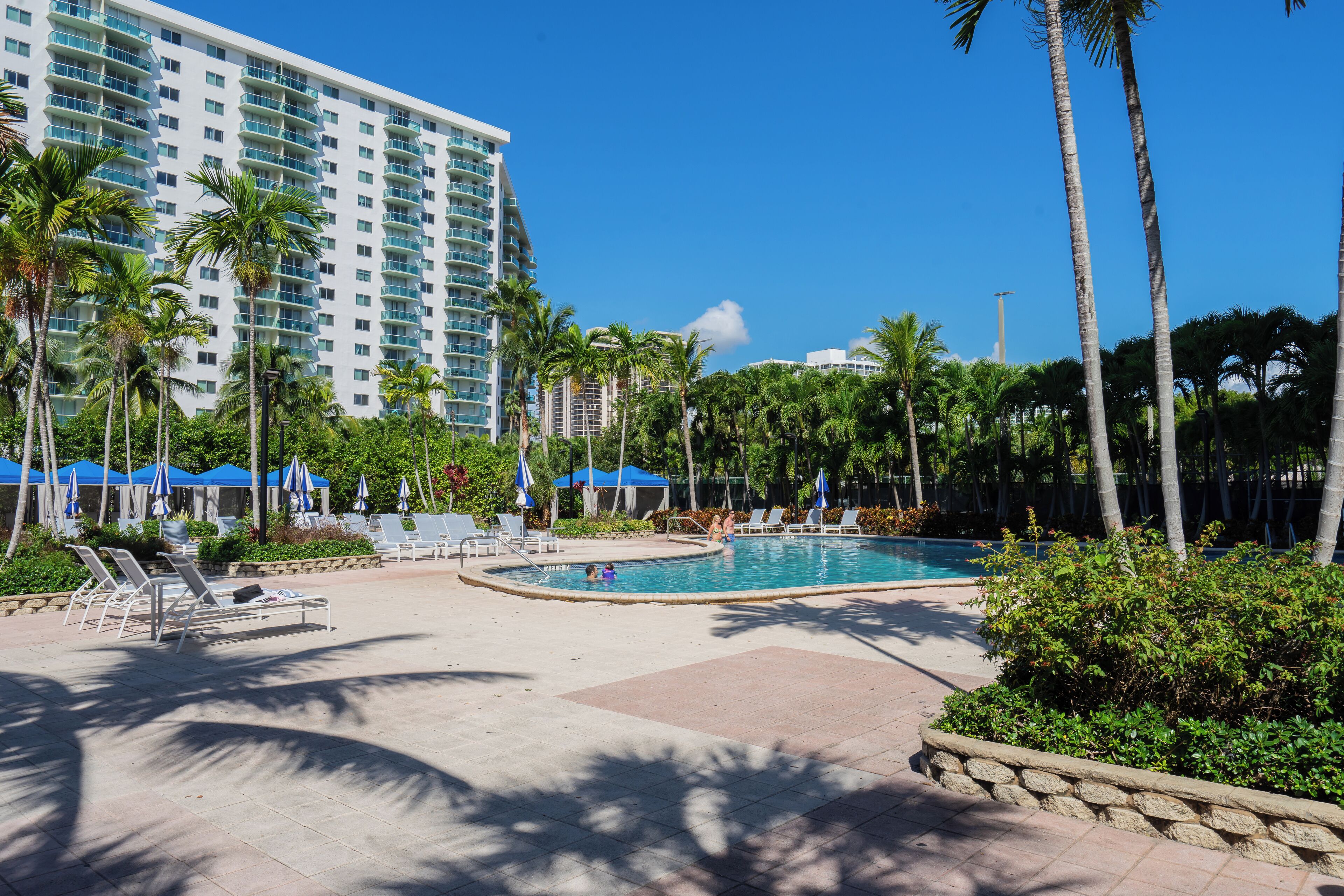 A hotel pool area with lounge chairs, palm trees, and a large building in the background.