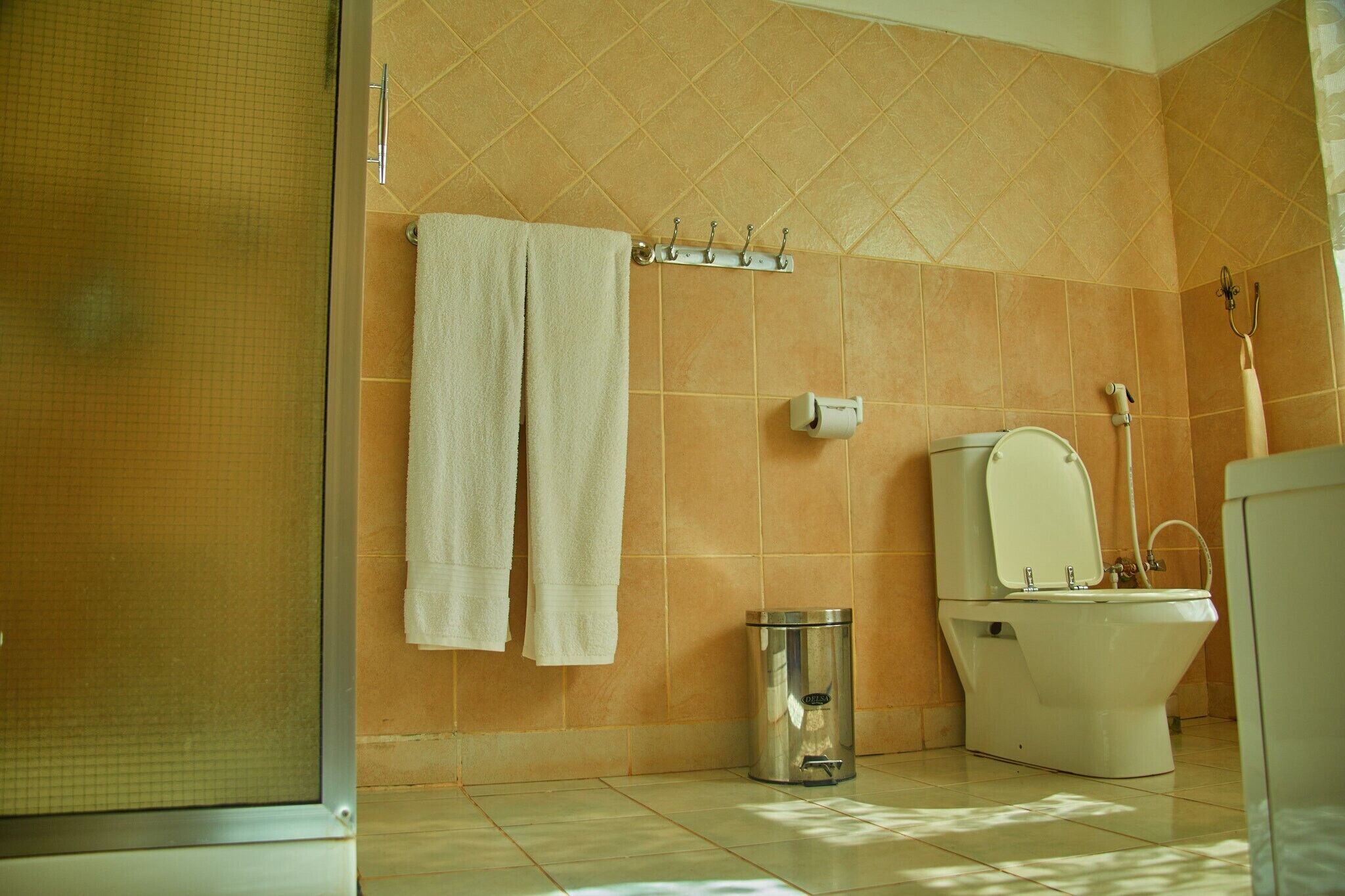 A bathroom with a toilet, a trash can, and a towel rack with two towels.