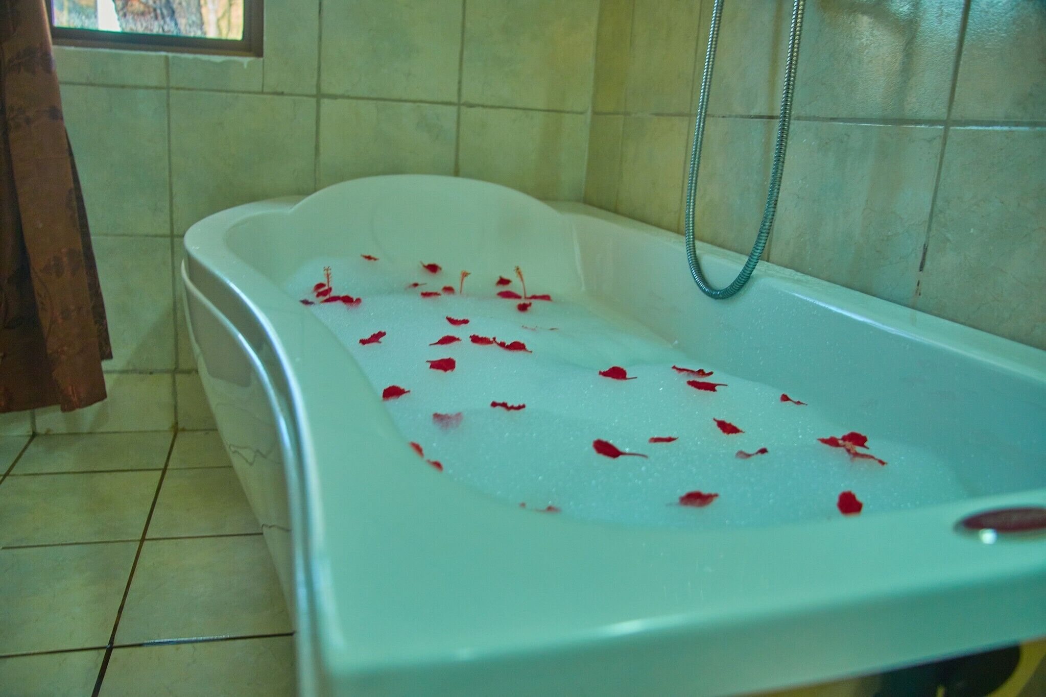 A bathtub with rose petals floating on the water.