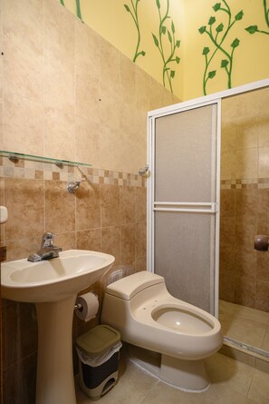 Un baño con lavabo, inodoro y cabina de ducha de vidrio.