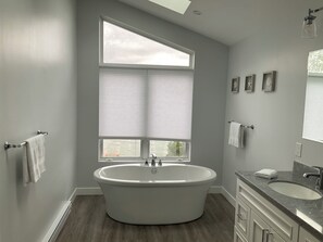 Shower, hair dryer, towels, toilet paper