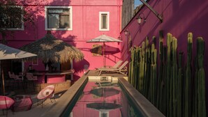 A pool with a reflection, a pink building, a cactus wall, and outdoor furniture. - Casa Rosamate (Oaxaca)