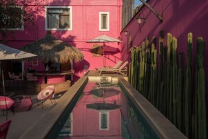 A pool with a reflection, a pink building, a cactus wall, and outdoor furniture.