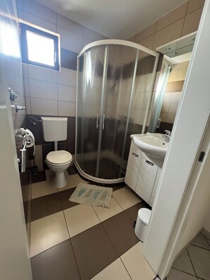Shower, towels, soap, toilet paper